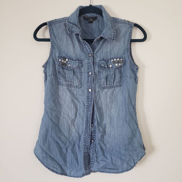 INC‎ International Concepts Womens Denim Studded Button Up Top Size 2 Biker - Picture 1 of 8